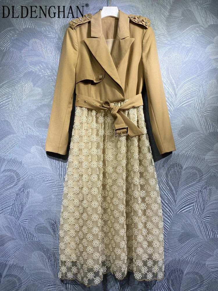 

DLDENGHAN Elegant Dresses for Women Early Spring New Fashion Design Runway High Quality Embroidery Flowers Appliques Khaki