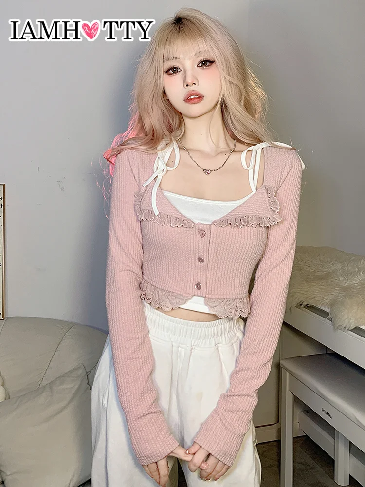 

IAMHOTTY кружевной розовый топ с отложным воротником и белый короткий топ без рукавов женский милый эстетический кавайный костюм корейские фут...