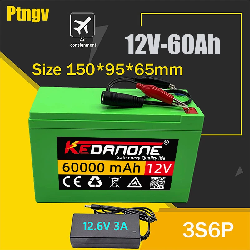 

12V 60Ah 18650 lithium battery pack 3S6P built-in high current 20A BMS for sprayers, electric vehicle batterie+12.6V charger