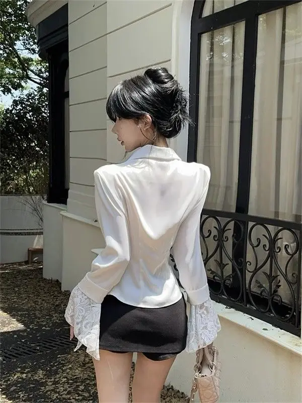 Женская рубашка с рукавом-фонариком однотонная Модная полуоткрытым воротником в