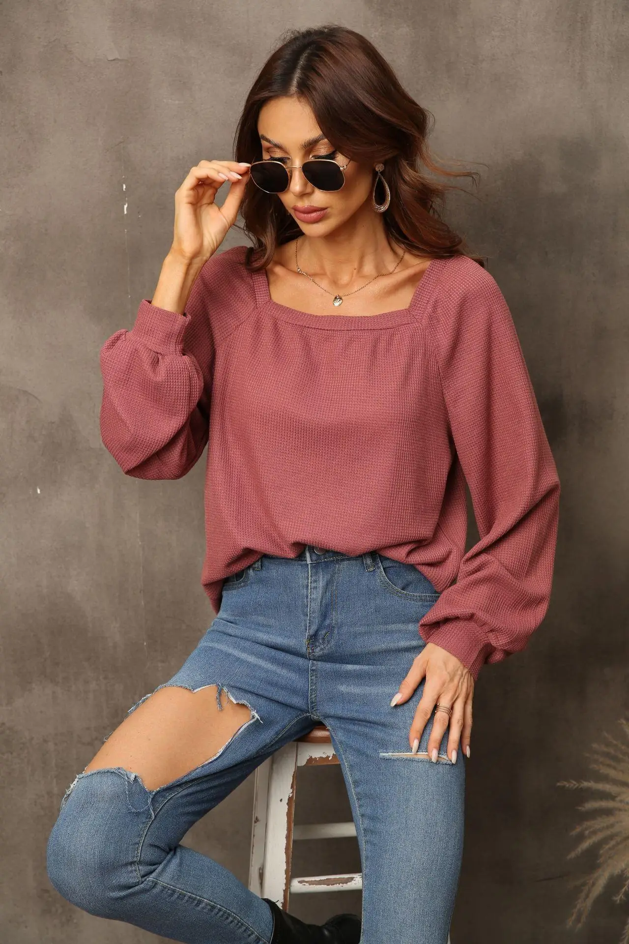 

Женская блузка, Повседневная Свободная футболка, женские сексуальные топы с длинным рукавом, Женский однотонный пуловер, рубашки, повседне...