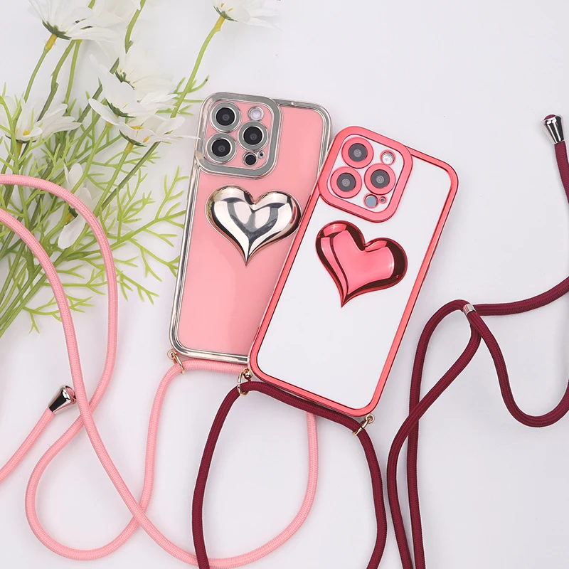 

Lanyard Rose Glossy 3D Love Heart Phone Case With Strap For iPhone 11 12 13 Pro Max Shockproof Electroplated Cord Chain Cover