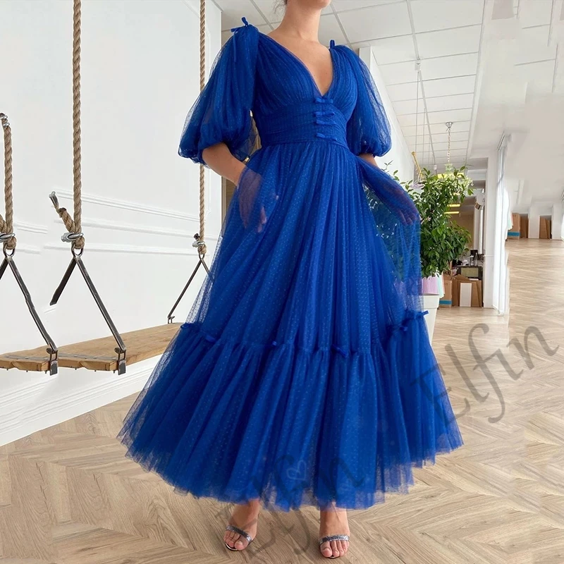 

Elfin Real Dotted Evening Dresses Pleat Bow Pocket Robe De Soiree Sexy V Neck Half Sleeve Tea Length Vestidos De Noche French