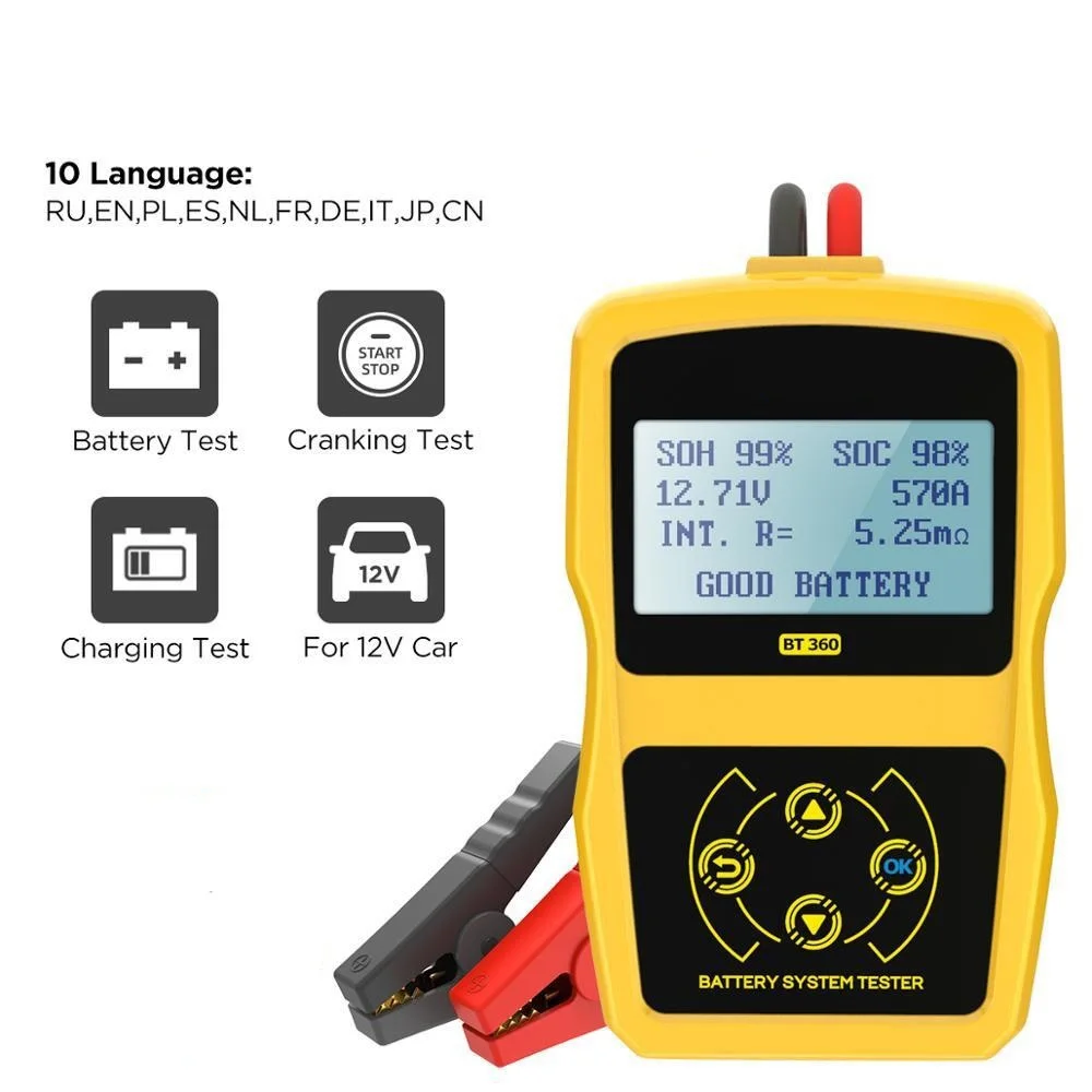 

BT360 12V Car Battery Tester Digital Automotive Diagnostic Battery Tester Analyzer Vehicle Cranking Charging Scanner Tool
