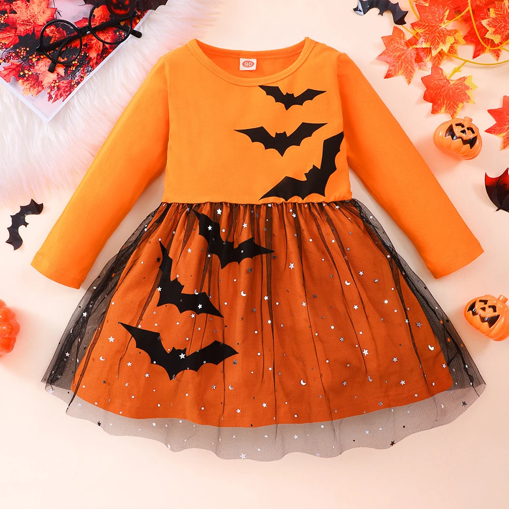 

Kids Girls Halloween Dress Long Sleeve Toddler Baby Clothes Novelty Sequin Gauze Stitching Girls Halloween Costumes 1-6 Years