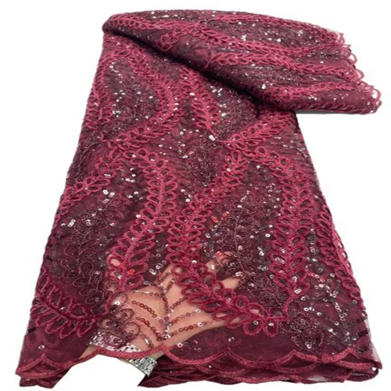 

Роскошная кружевная ткань 2023 винного цвета с блестками в Нигерии, блестящая Тюль с вышивкой, французская сетчатая кружевная ткань для свадебного платья