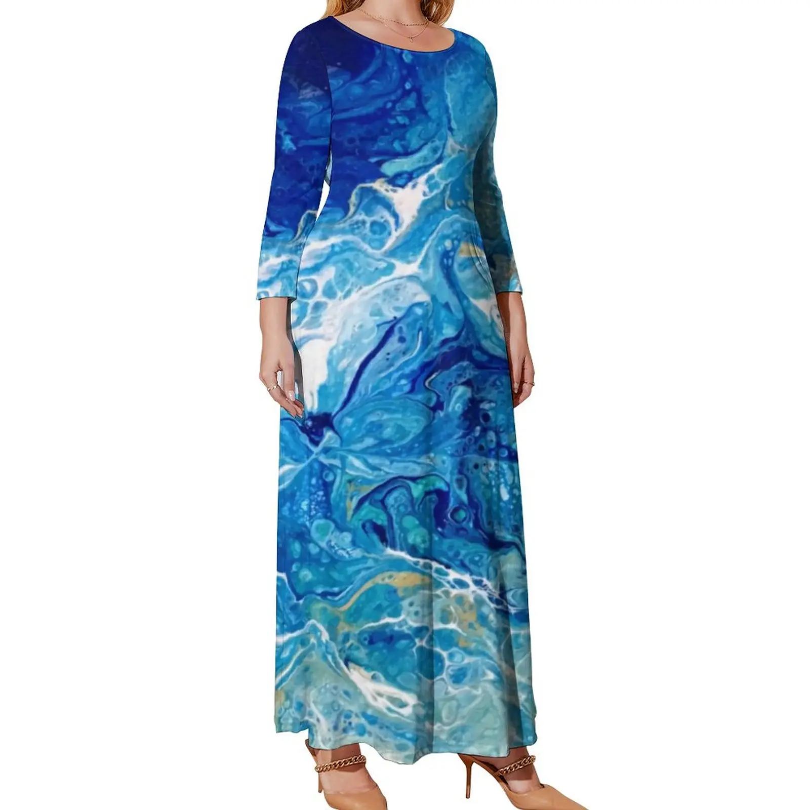 Beach Print Dress Plus Size Seaside Abstract Art Kawaii Maxi Dress Long-Sleeve Street Fashion Beach Long Dresses Birthday Gift