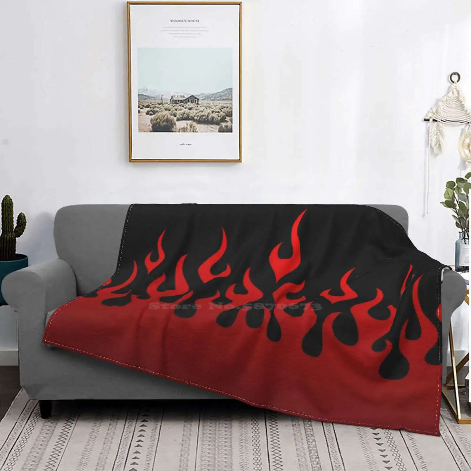 

Black Red Flame Home Sofa Bed Camper Airplane Travel Portable Flannel Blanket Red Black Cool Epic Flame Fire Logo Moto Parkour