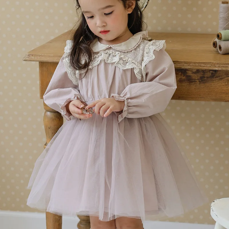 Детское кружевное Сетчатое платье с вышивкой и рукавом-фонариком осень 2024
