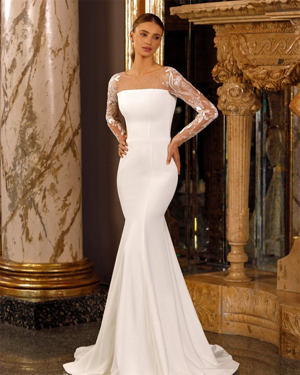 

MULOONG White O Neck Full Sleeve Appliques Sequined Mermaid Wedding Dress Floor Length Sweep Train Backless Elegant Gown New