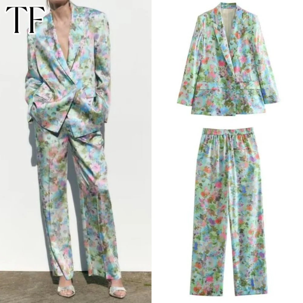 Satin Printed Women Suits Office Sets Fashion Floral Blazer Coat Ladies Pants Set 2023 New Spring Two Piece Sets Womens Outifits