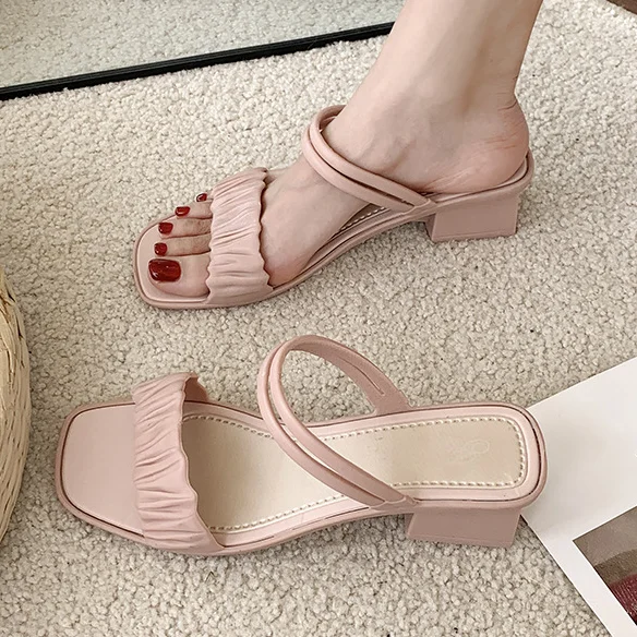 

Босоножки женские кожаные, однотонные, со складками, на ремешке, на массивном каблуке, повседневные, для отдыха, для пляжа, 2021