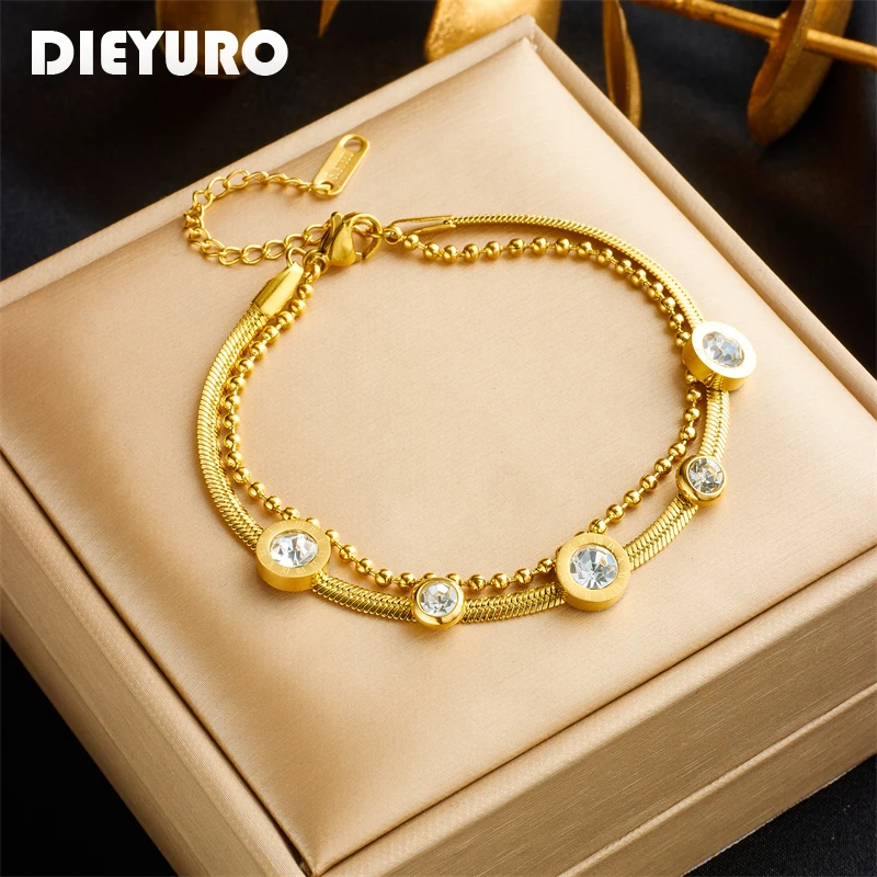 

DIEYURO 316L Stainless Steel Round Roman Numerals White Zircon Bracelet For Women Girl New Trend Multilayer Chain Jewelry Gift