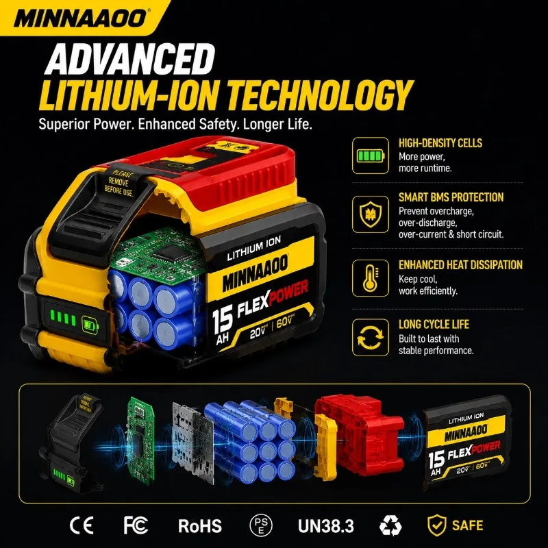 Фото Для аккумуляторной батареи Dewalt 20V MAX 15Ah 12Ah 9Ah литий-ионного типа для электроинструментов, высокой емкости и длительного срока службы. №3