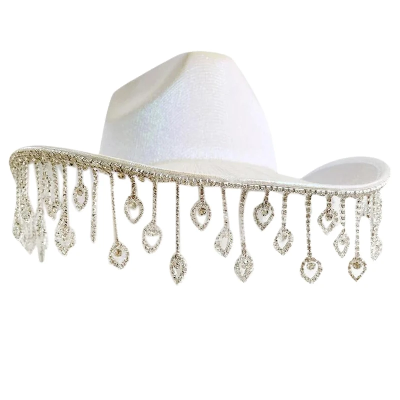 

2023 New Cowgirl Hat Shining Fringe Hat Western Hat Elegant Tassels Jazz Hat Photo Props Glinting Crystal Fringe for Stage