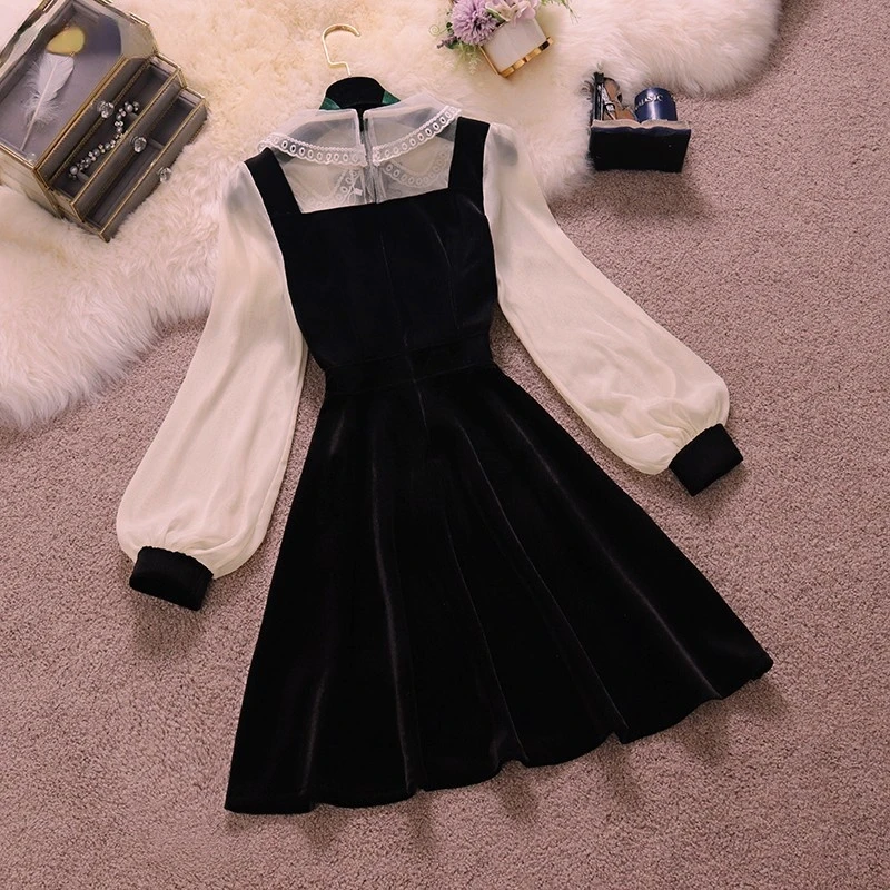 Винтажное бархатное черное платье Neploe с рукавами-фонариками Вечернее