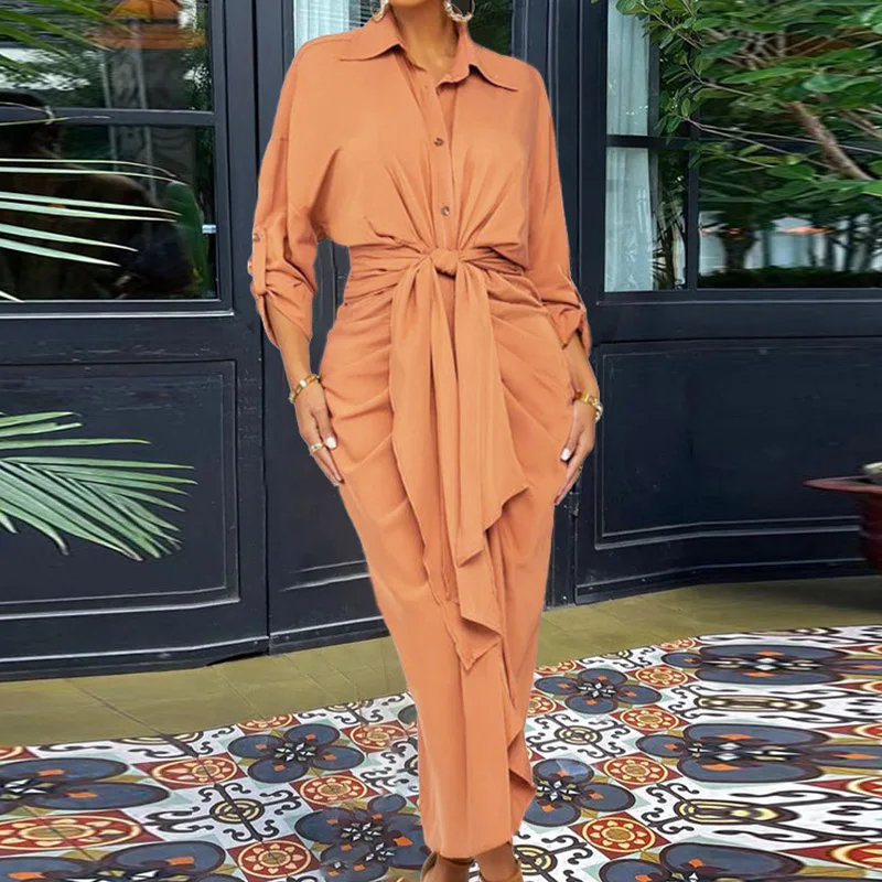 

Fashion Bodycon Solid Tie-up Bandage Office Dress Women Long Sleeve Folds Long Dress Elegant Lapel Single Breasted Shirt Dress