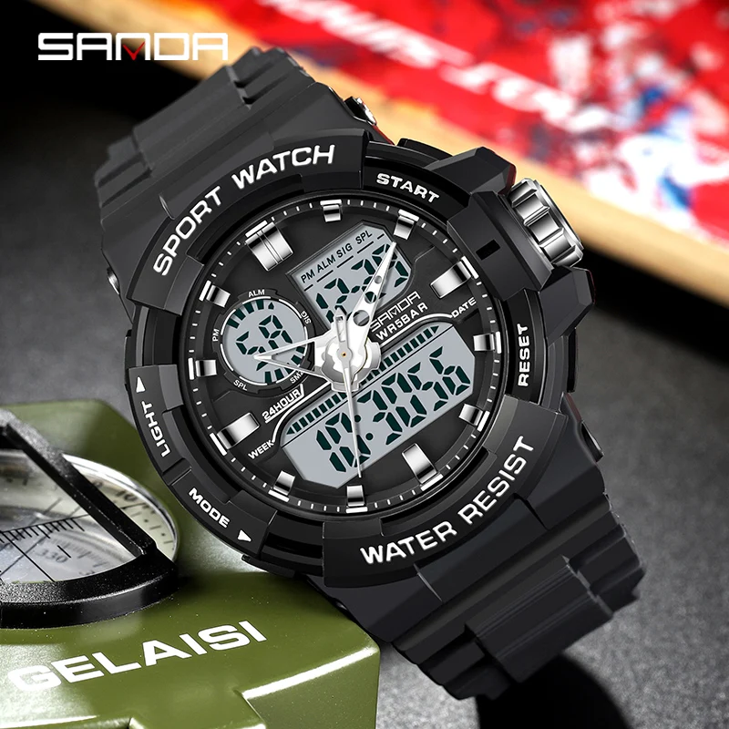 

SANDA Youth Fashion Digital Watch Men Shockproof Waterproof Dual Wristwatches LED Chrono Alarm Clock Mens Watches Cool Hour 6025