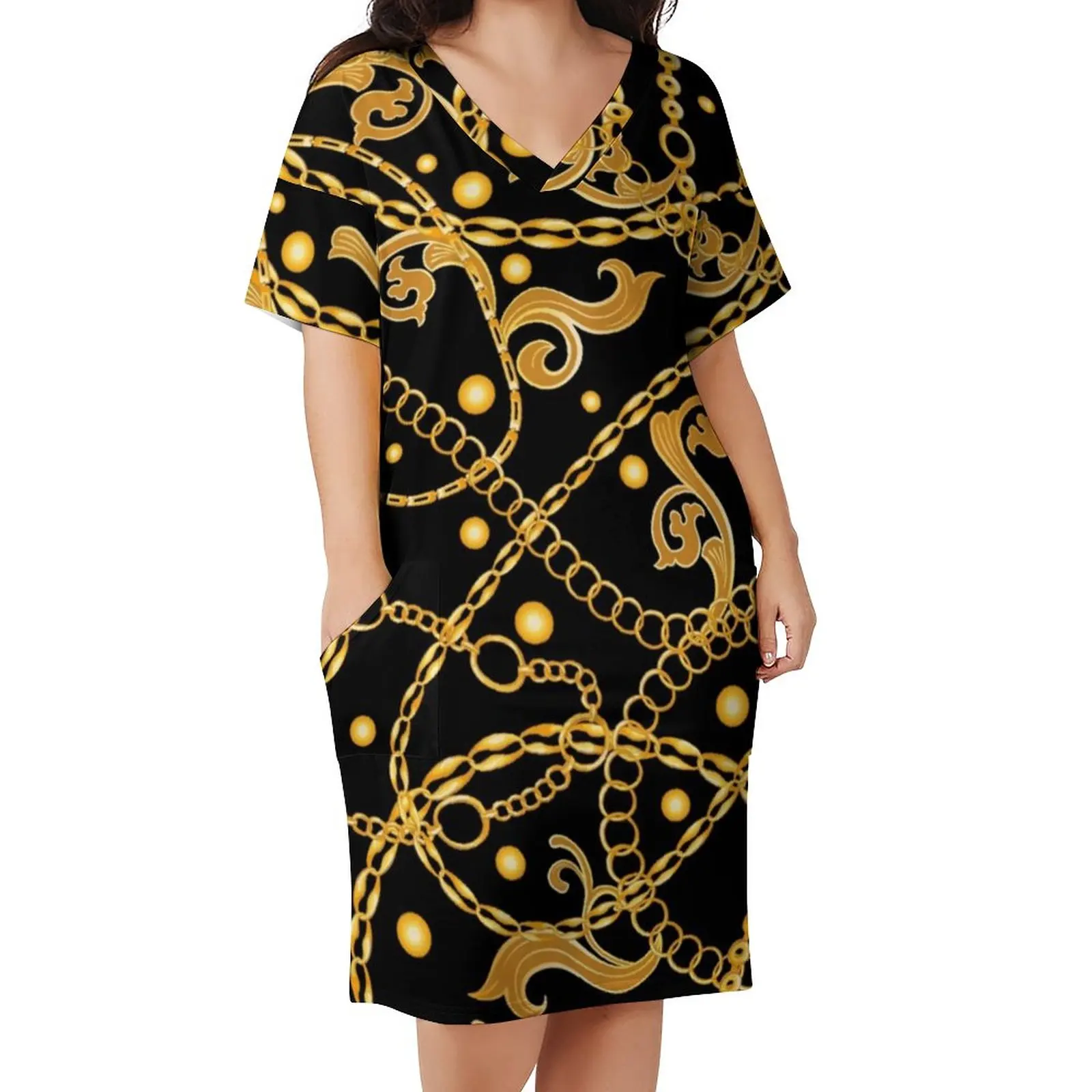 Gold Chains Casual Dress Women Retro Baroque Print Kawaii Dresses Summer V Neck Street Wear Printed Dress Plus Size 5XL