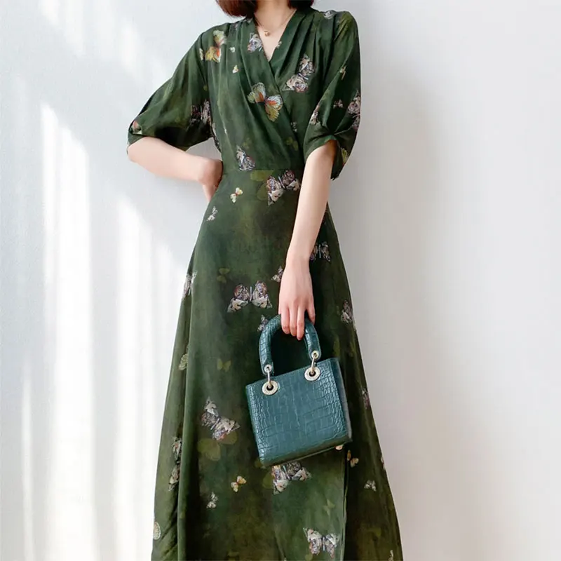 Women Silk Maxi Dress 100% Mulberry Crepe Silk Drak Green Butterfly Printed V Neck Belted Waist Long Dress Big Hem M L XL MM740