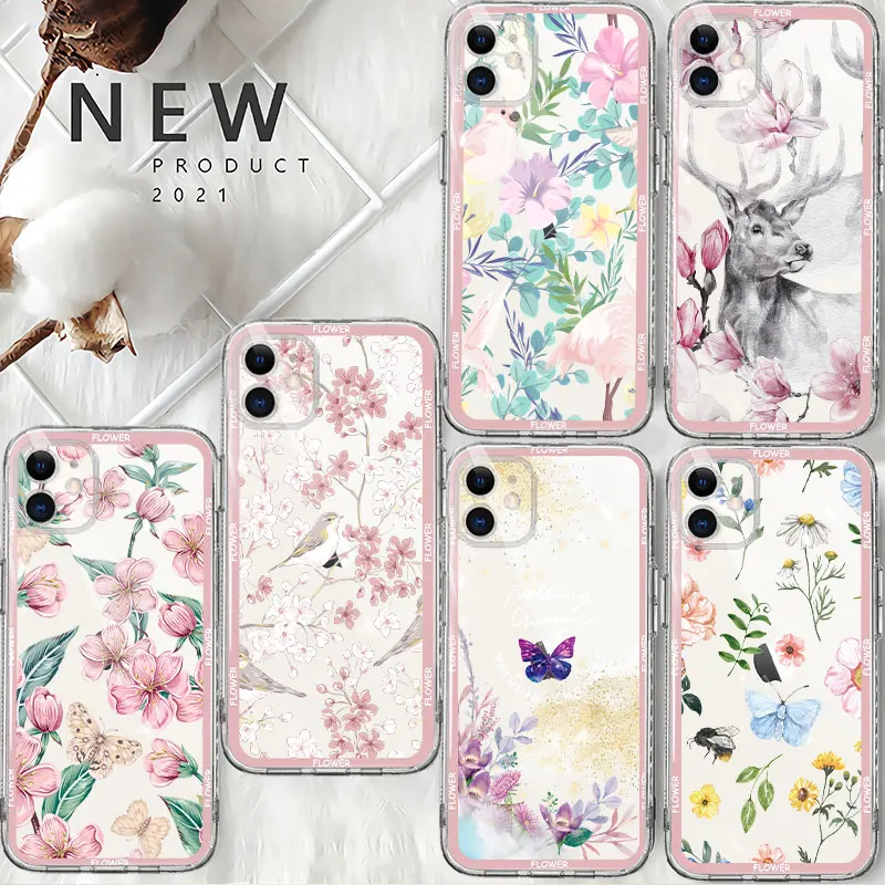 

Pink Flowers Bird Magpie Deer Clear Case For iPhone 14 13 12 11 Pro Max 13 12 Mini XS Max XR X 7 8 6 6S Plus Transparent Cover