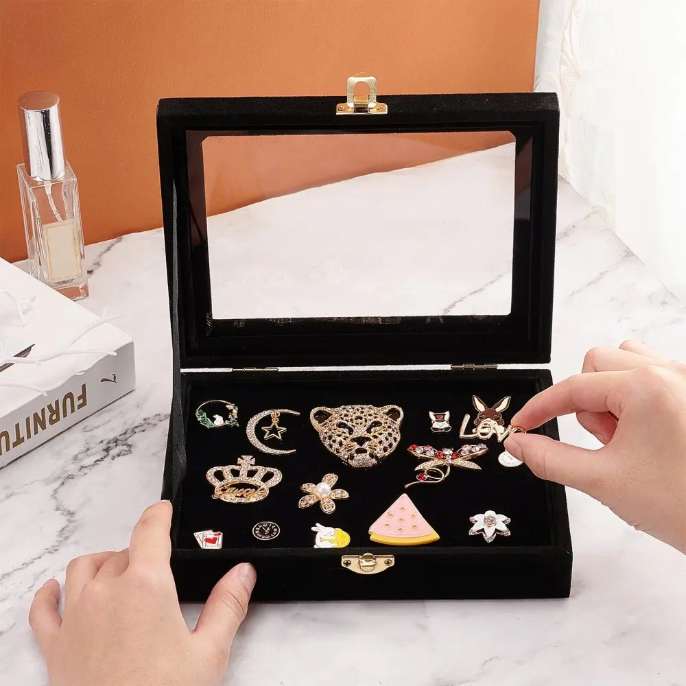 Simple Classic Velvet Box with Snap Buttons Black Rectangle Badge Ring Earring Jewelry Display Stands Tray Holder Storage Case