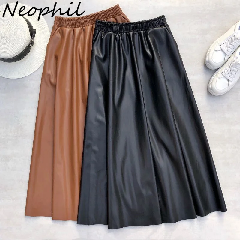 

Neophil 80cm Women Leather Long Skirts Pockets 2022 Winter Elastic Waist A-Line Flare Skirt Brand Thick Latex Falda Larga S21864