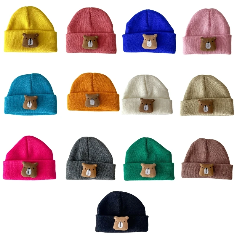

2023 Cartoon Bear Knitted Hat for Baby Boys Candy Color Animal Pattern Bonnet