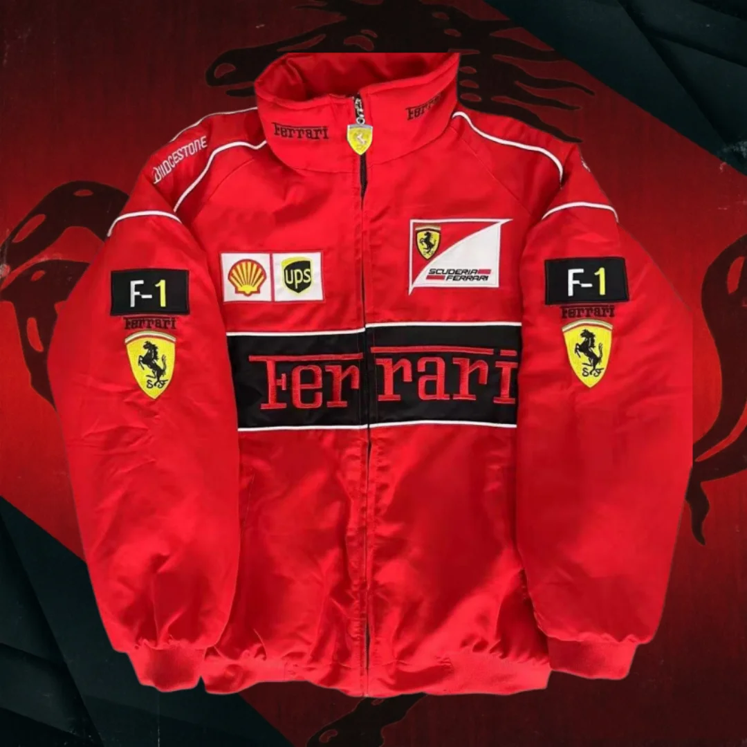 Фото Куртка Ferrari с вышивкой, доступна в тонком и плотном вариантах, ветрозащитная, теплая, с вышивкой, красная куртка Ferrari №1