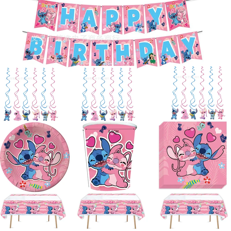 

Disney Stitch Napkins Birthday Party Plates Cups Tablecloth Decorate Kids Boys Favors Hanging Banner Ceiling Swirls 68pcs/lot