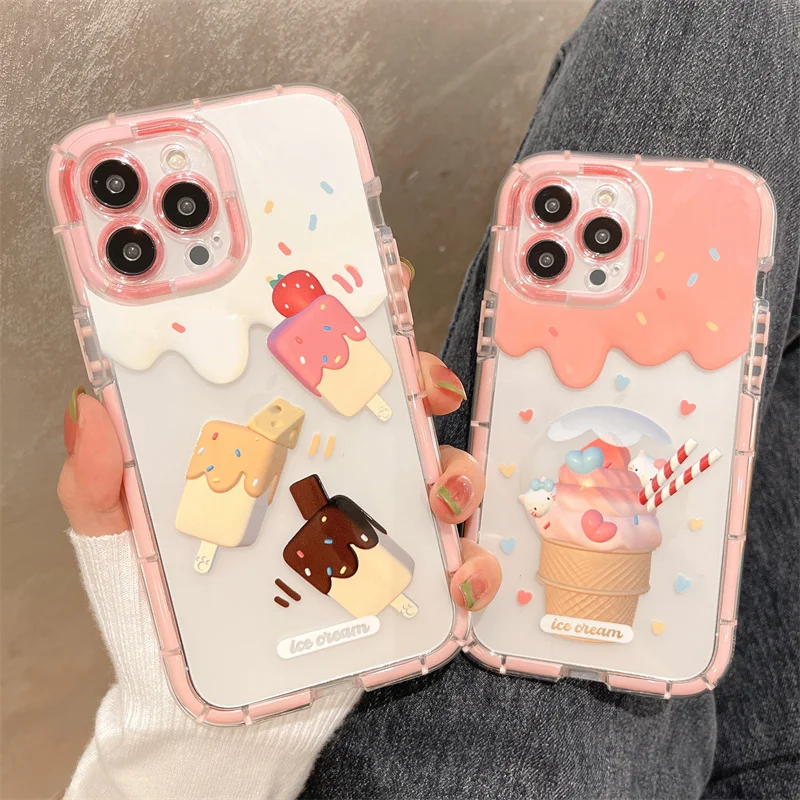 

Cute Luminous Pink Ice Cream Phone Case For iPhone 13 12 11 14 Pro Max XR X XS Cover TPU Soft Shockproof Back Cases