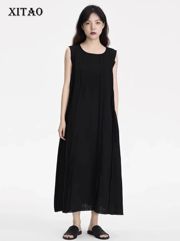 

XITAO Solid Casual Dress Women Korea 2023 Summer New Arrival Personality Fashion Loose O-neck Sleeveless Mid-calf Dress HQQ1299