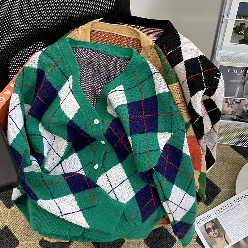 

Женский трикотажный кардиган в клетку, зеленый винтажный кардиган оверсайз с длинным рукавом и V-образным вырезом, Осень-зима