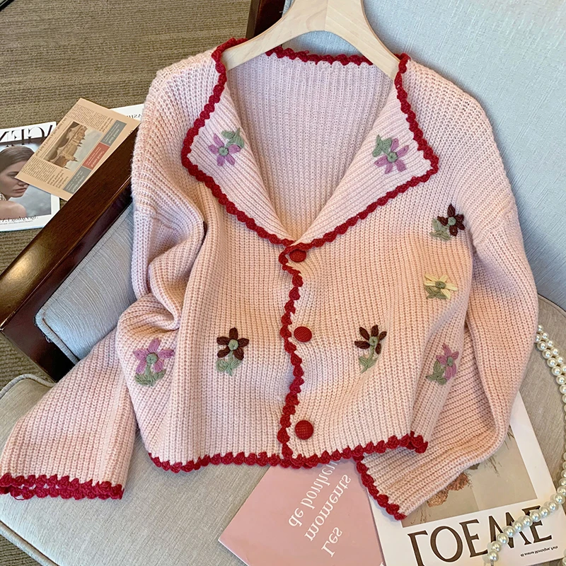

DAYIFUN Women's Pink Sweaters Flower Embroidered Gentle Sweet Cropped Cardigans Tops Autumn 2023 New Korean Knitted Jackets