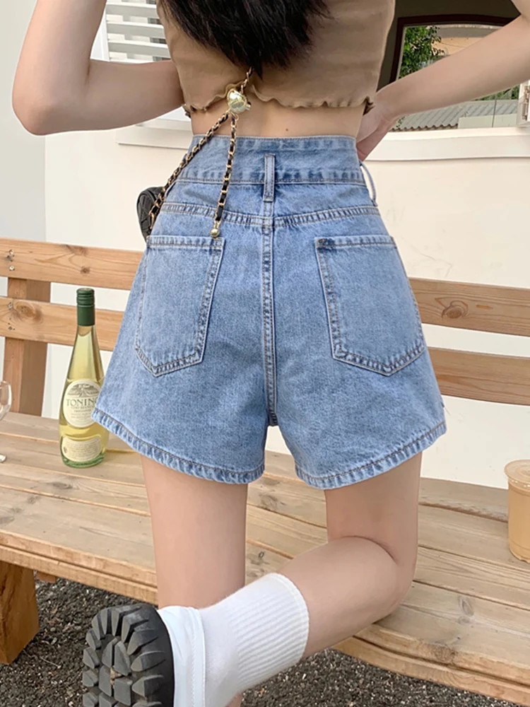 Streetwear Women Vintage High Waist Loose Blue Denim Shorts Spring Summer Female Button Wide Leg Jeans Shorts Bottoms
