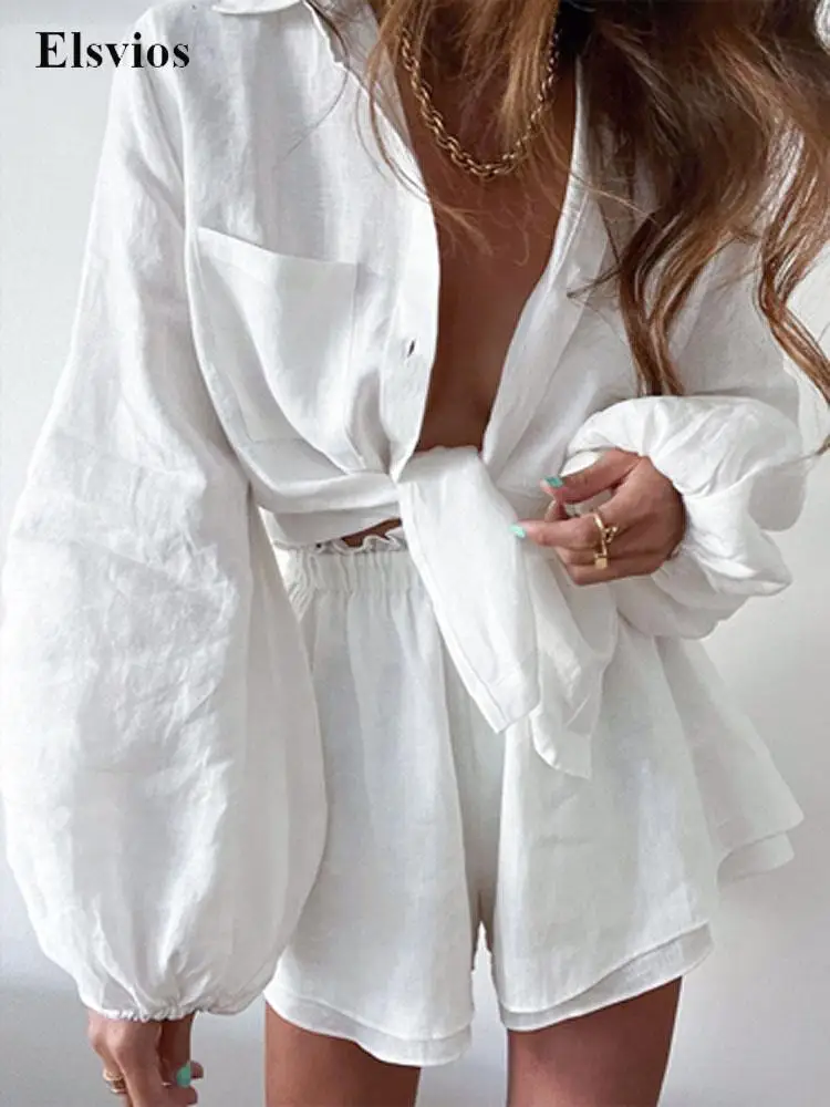 

Women Fashion Solid Sport Home Suit Summer Long Sleeve Tops Shirts And Beach Shorts Outfits Casual Loose Soft Lady Two Piece Set