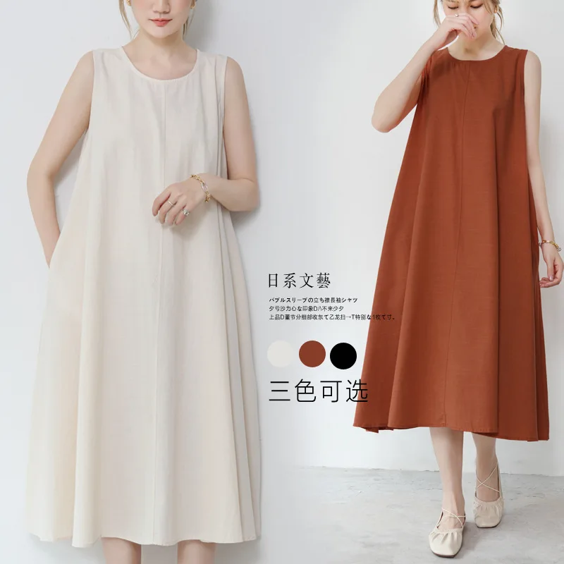 

Cotton Linen Dress Summer 2022 Korean Chic Wind Loose Large Swing Sleeveless Pumpkin Color Long Dress Vestido Feminino