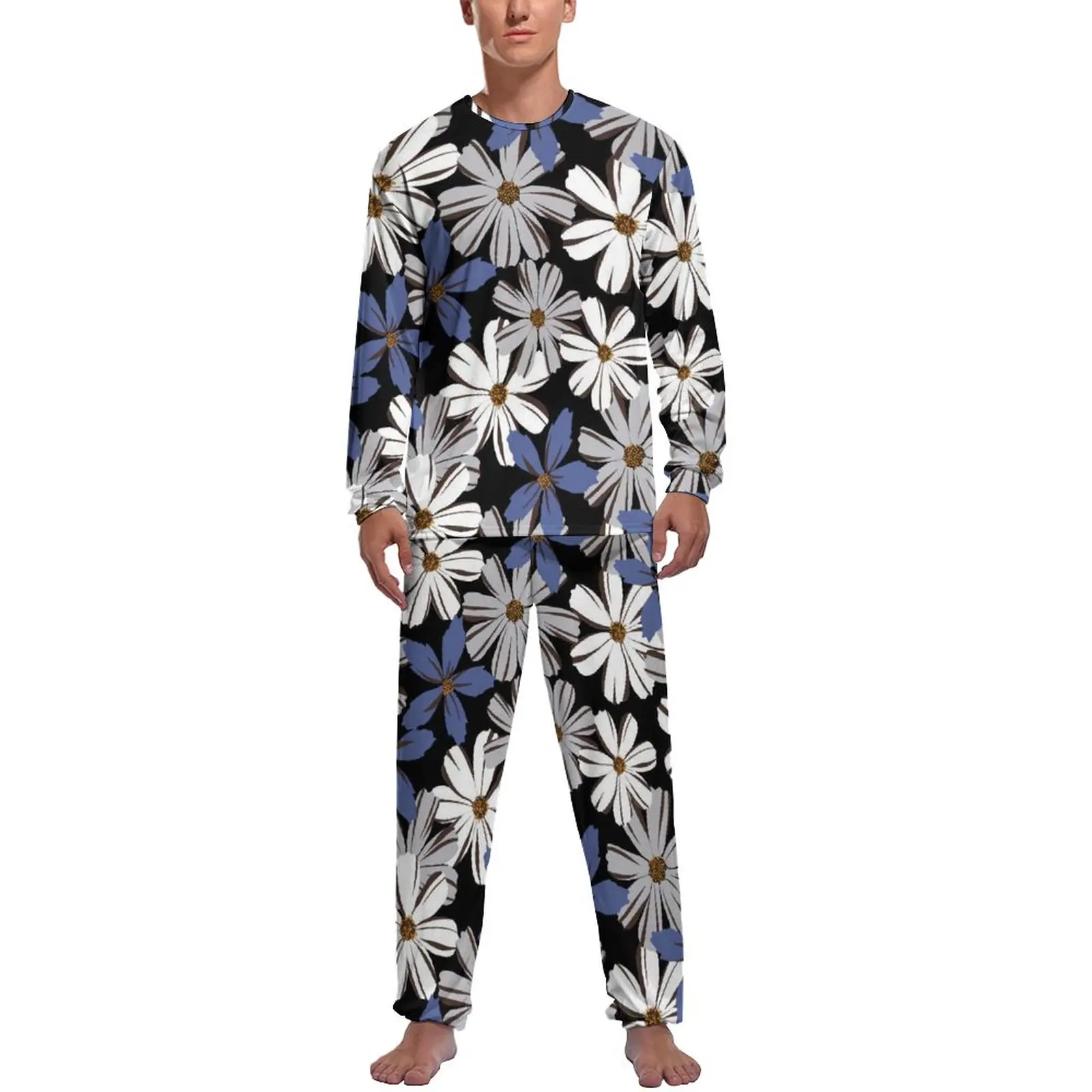 

White Blue Daisies Pajamas Autumn Funky Floral Print Room Nightwear Man 2 Piece Custom Long Sleeve Lovely Pajama Sets