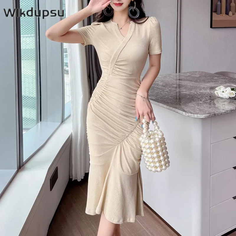 

Draped Dress Evening Dress Women Midi Long Elegant Vintage Sexy Bodycon V Neck Short Sleeve Strechy Dresses Female Party Vestido