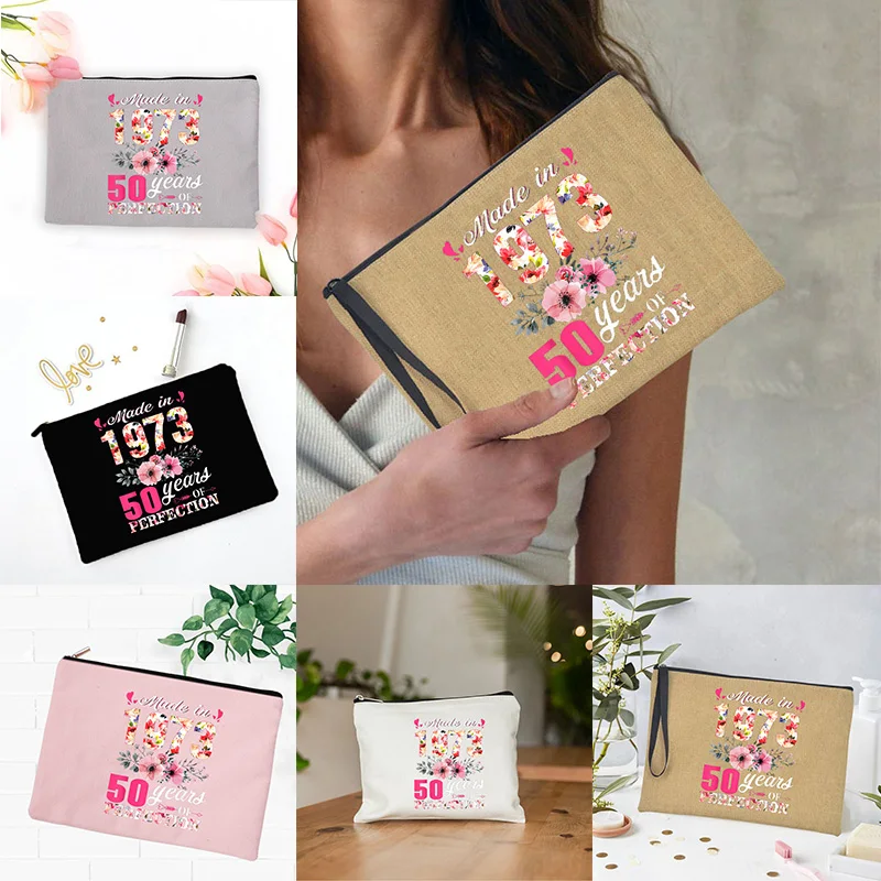 Born In 1973 Floral Birthday 50th Gift Women Makeup Bag Toiletry Storage Pouch Purse  Gift Cosmetic Case Female Beauty Organizer