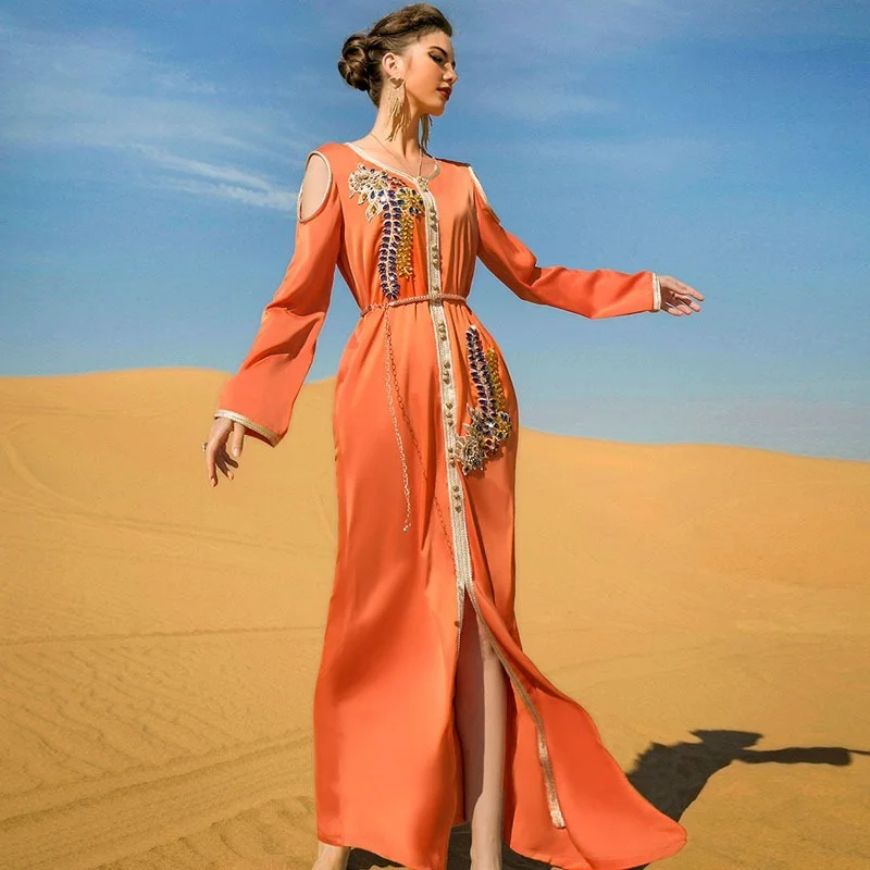 Kaftan Handsewn Diamond Arabic Long Dresses Evening Moroccan Caftan Women Belted Muslim Dubai Saudi Abaya Ramadan Party Gown