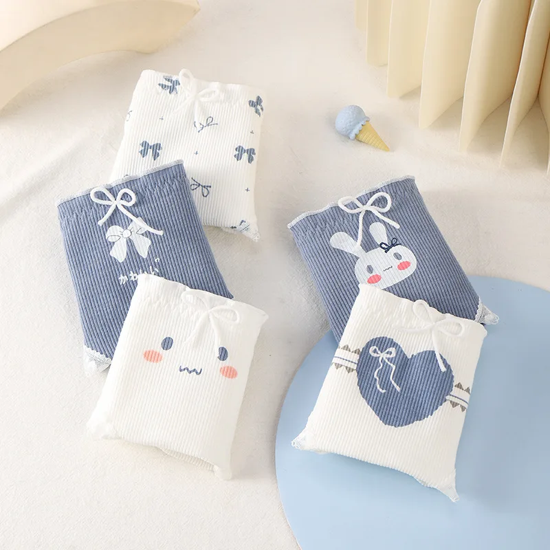 

5PC women's cotton briefs breathable and comfortable solid color girl underwear cartoon print close-fitting cute panties