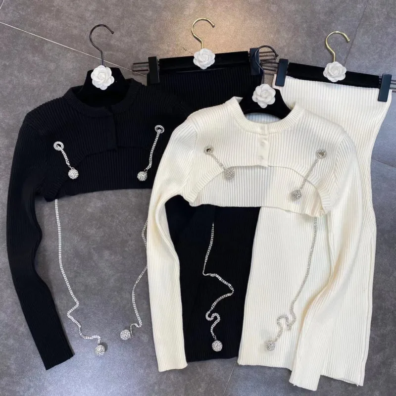 

BORVEMAYS 2023 Spring Summer New Two-piece Sets Women O Neck Long Sleeve Knitting Tops + Boob Tube Top Dress White