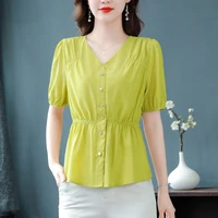 summer womens chiffon shirt v neck new solid color waist top korean style womens puff sleeve chic top m 4xl