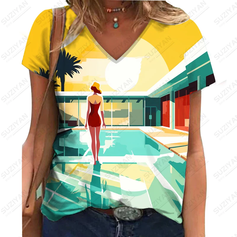 

Летняя новая женская футболка с V-образным вырезом с современным художественным 3D-принтом мисс с V-образным вырезом Футболка Повседневная модная трендовая свободная футболка с V-образным вырезом