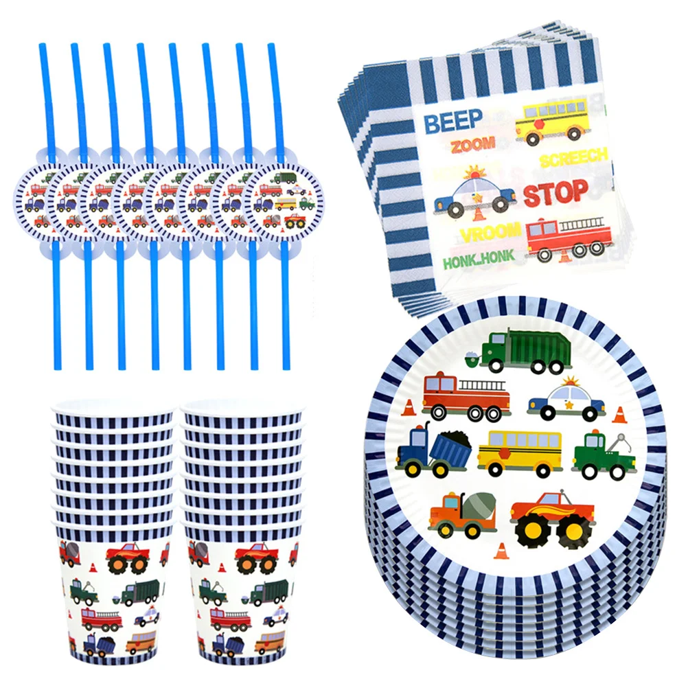 

Paper Tableware Party Plates Transportation Traffic Birthday Car Napkins Lunch Jam Dinner Water Vehicle Supplies Cup Straws
