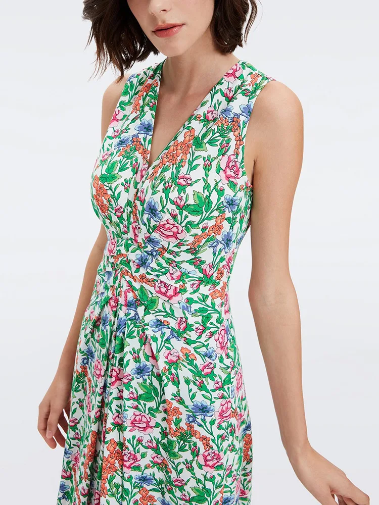 Women Retro Floral Print Pleated Waist Dress Summer New Ladies V-Neck Slim Sleeveless Temperament Long Robe
