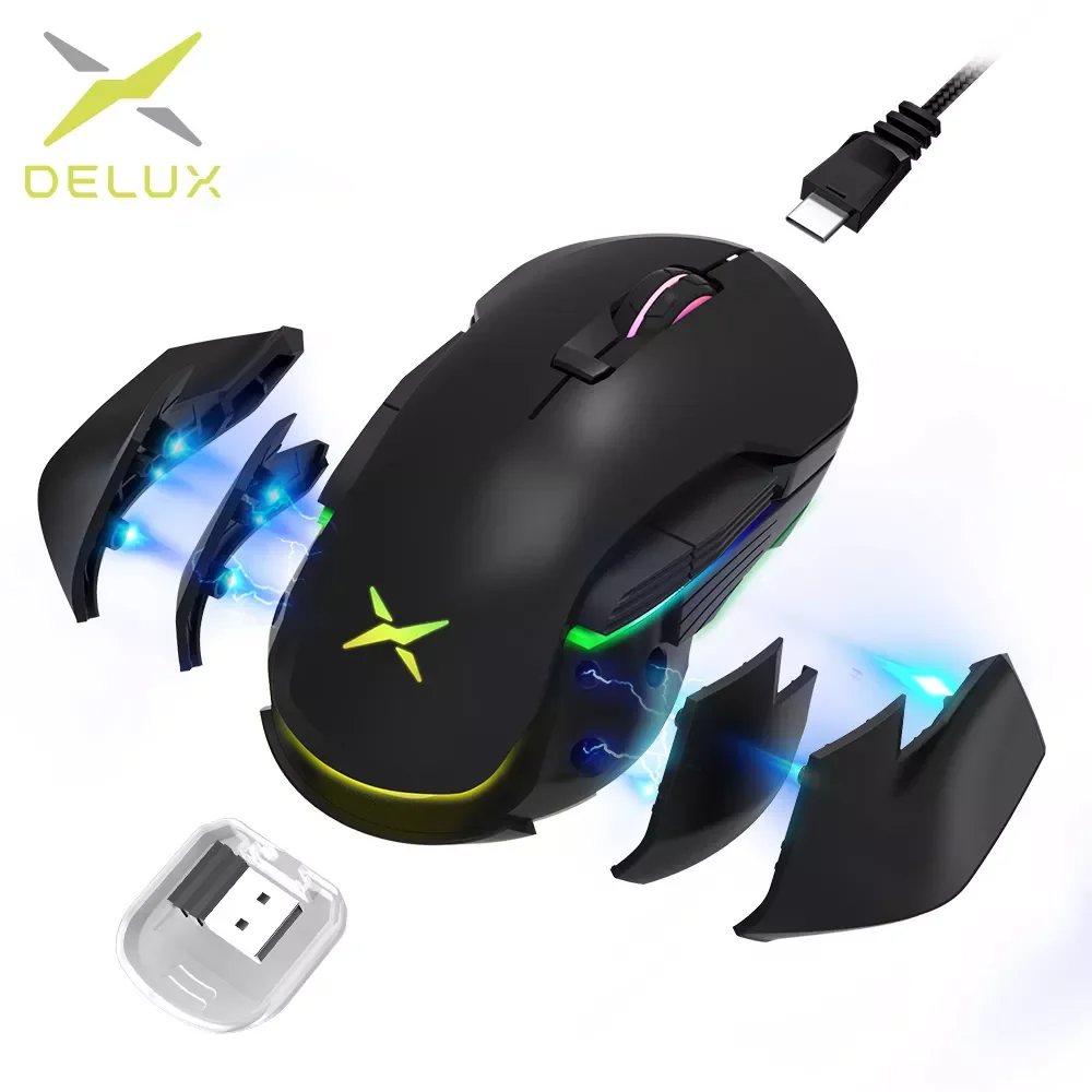 

Delux M627 PMW3389 Sensor Wired + Wireless RGB Gaming Mouse 16000 DPI 8 Buttons Left and Right hand Mice With DIY Side Wings