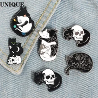 gothic cat enamel brooch fashion witch skull star moon mark mystery cat metal badge punk clothing lapel pins witch jewelry gift