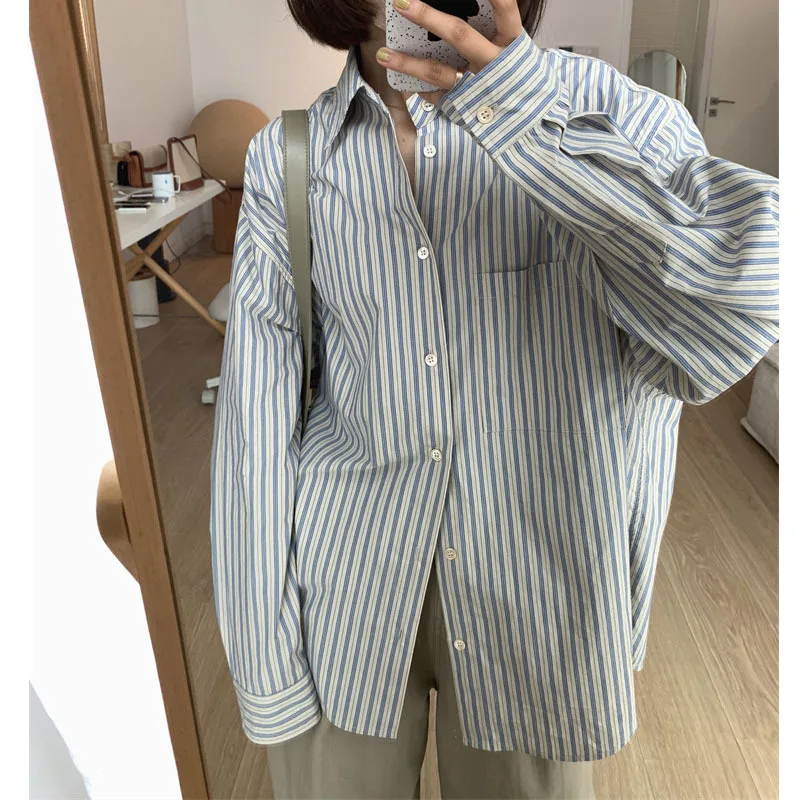 

2023 Loose Striped Pocket Women Long Sleeve Shirts Elegant Sweet Y2k Grunge Blouses Vintage Casual Harajuku Blusas Mujer De Moda